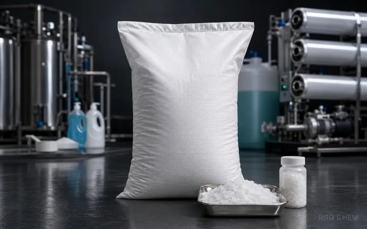 Photorealistic sealed caustic soda sack with contained white flake samples