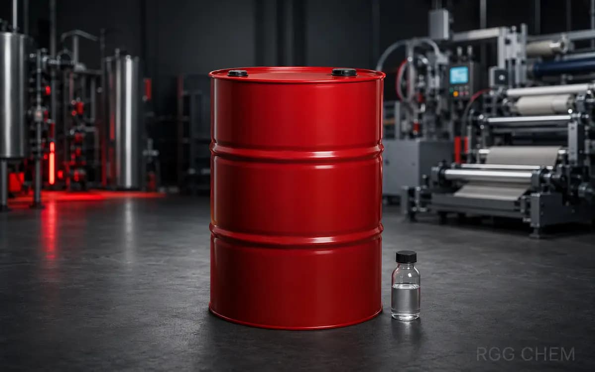 Photorealistic sealed red MEK solvent drum and clear laboratory sample