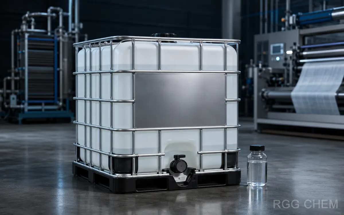 Photorealistic sealed mono ethylene glycol IBC and clear laboratory sample