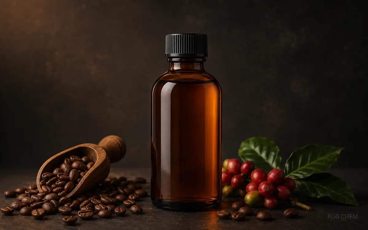 Photorealistic coffee food flavor essence bottle with roasted coffee beans