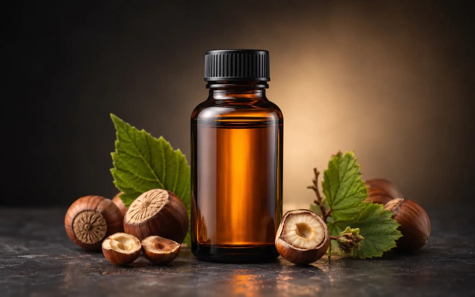 Photorealistic hazelnut food flavor essence bottle with hazelnuts