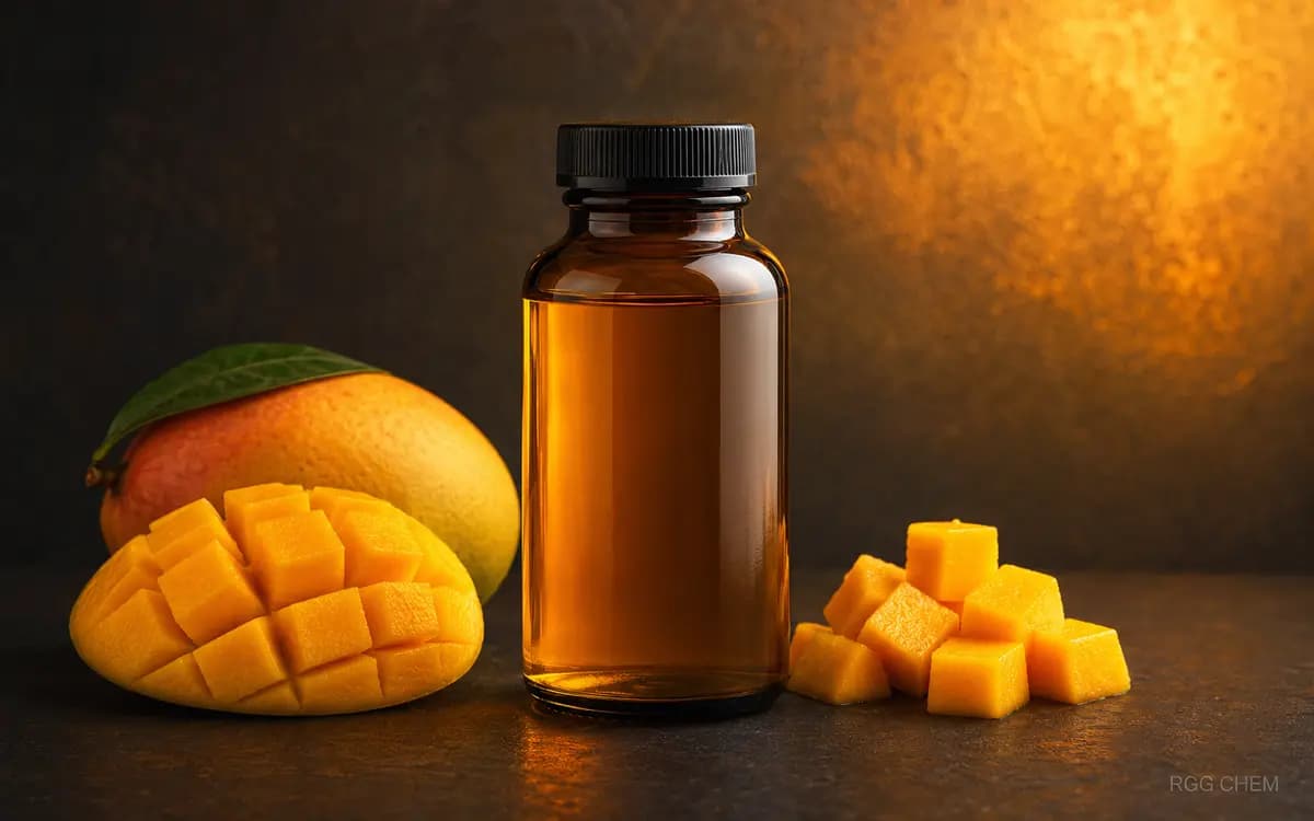 Photorealistic mango food flavor essence bottle with fresh mango