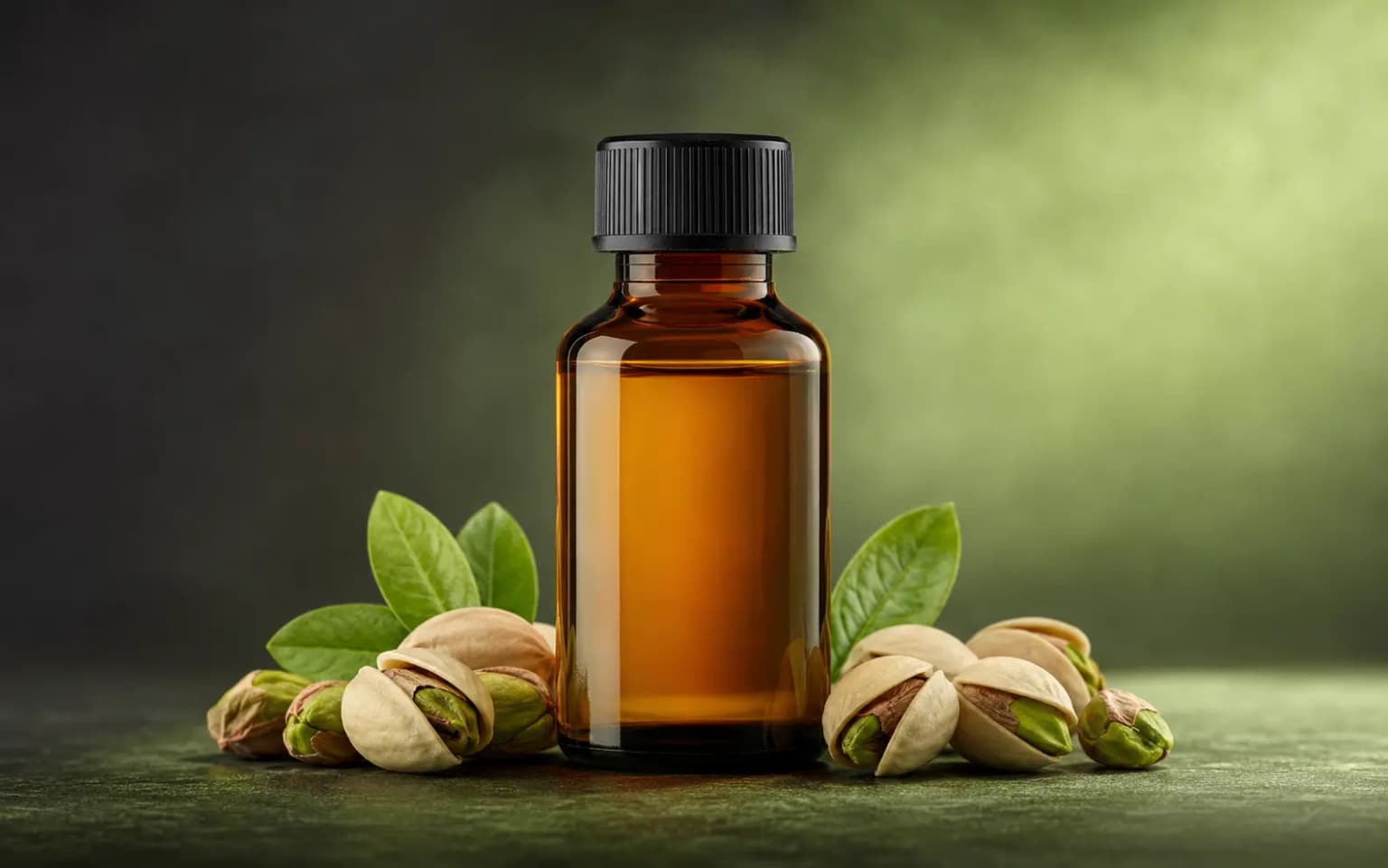 Photorealistic pistachio food flavor essence bottle with pistachios