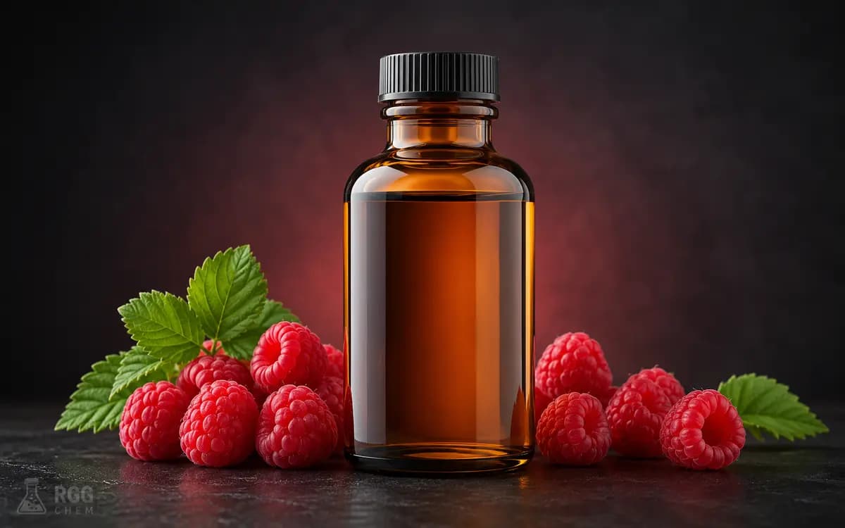 Photorealistic raspberry food flavor essence bottle with fresh raspberries