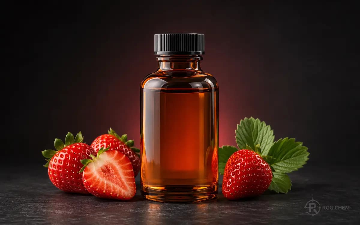 Photorealistic strawberry food flavor essence bottle with fresh strawberries