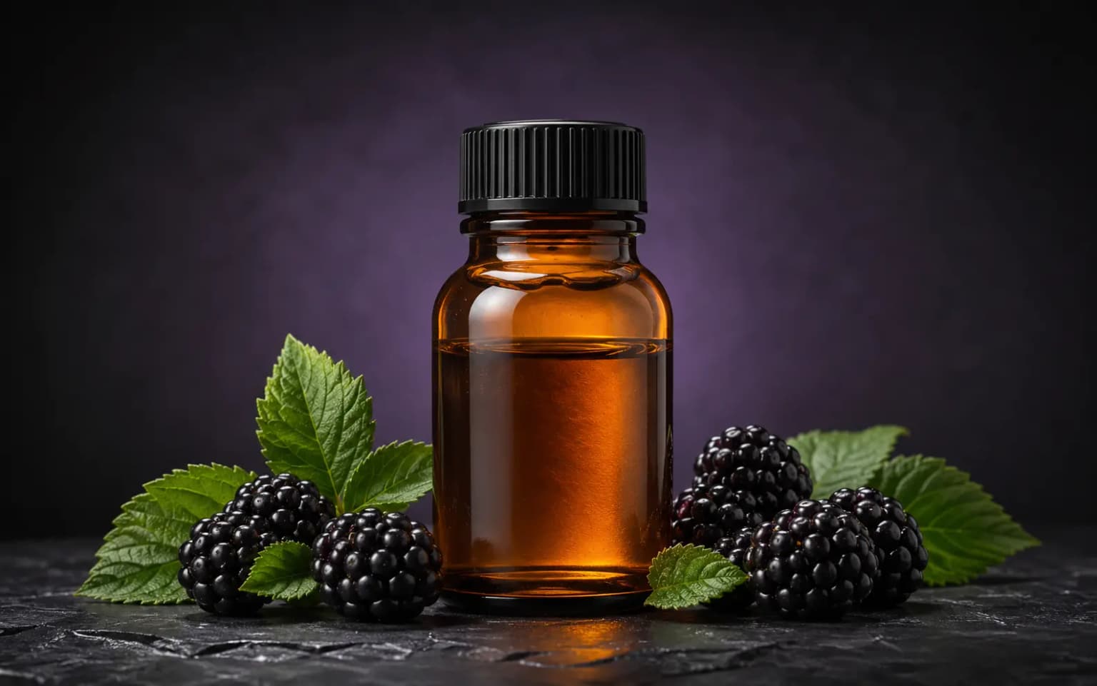 Photorealistic blackberry food flavor essence bottle with blackberries