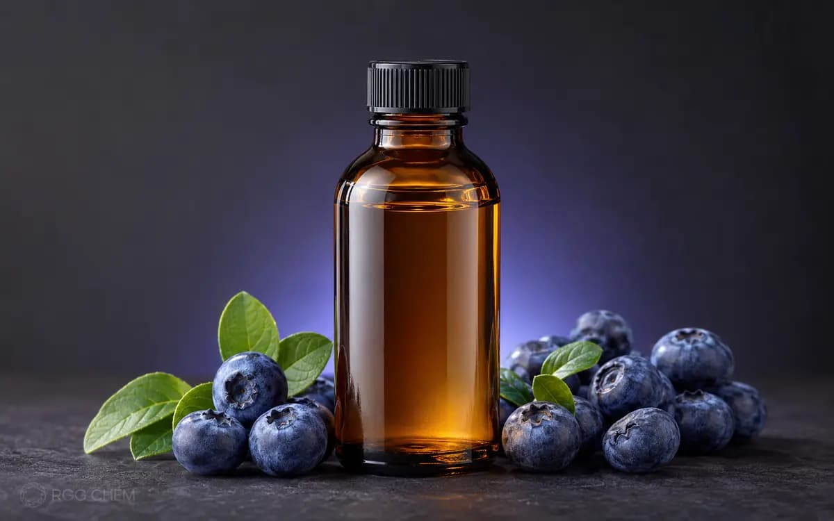 Photorealistic blueberry food flavor essence bottle with fresh blueberries