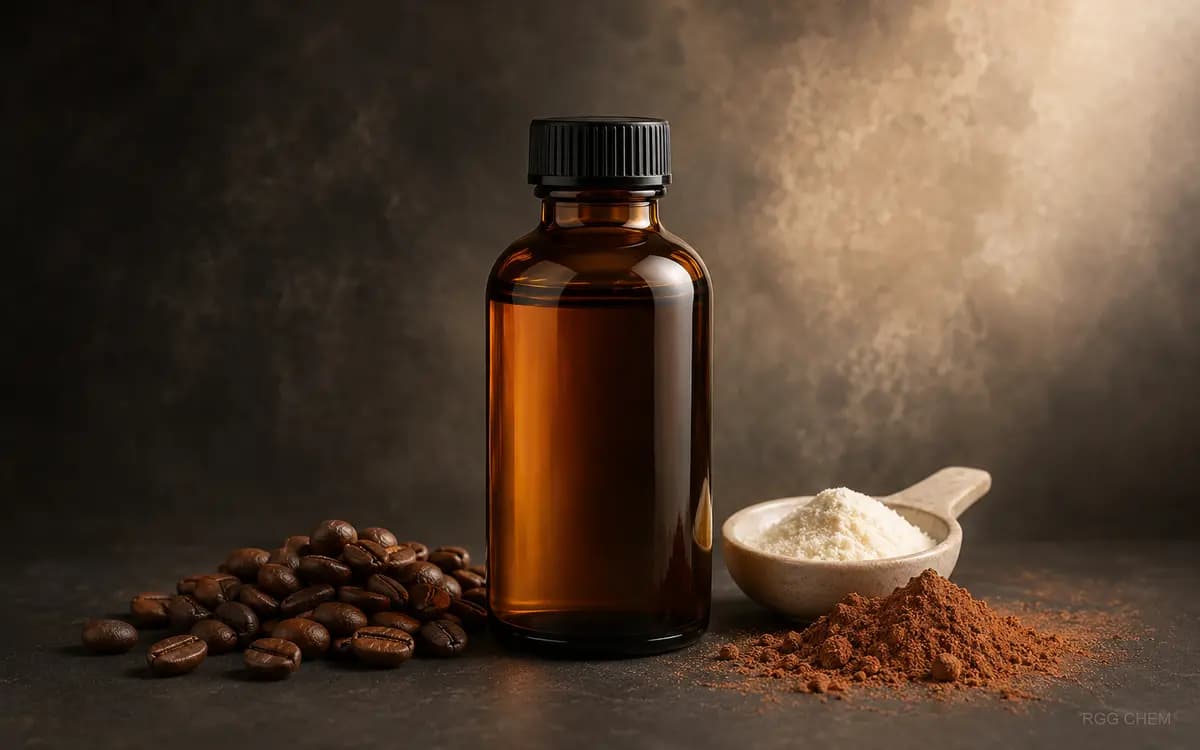 Photorealistic cappuccino food flavor essence bottle with cappuccino and coffee beans