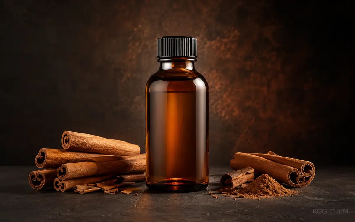 Photorealistic cinnamon food flavor essence bottle with cinnamon sticks