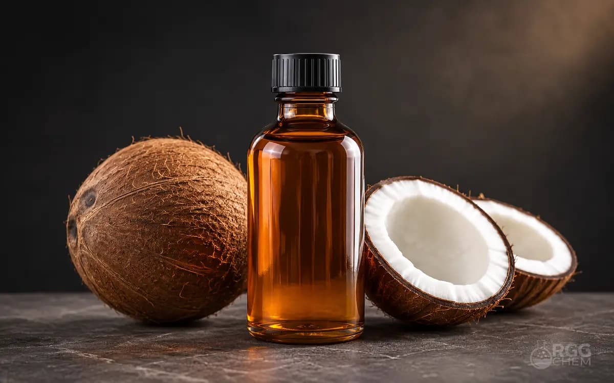 Photorealistic coconut food flavor essence bottle with fresh coconut