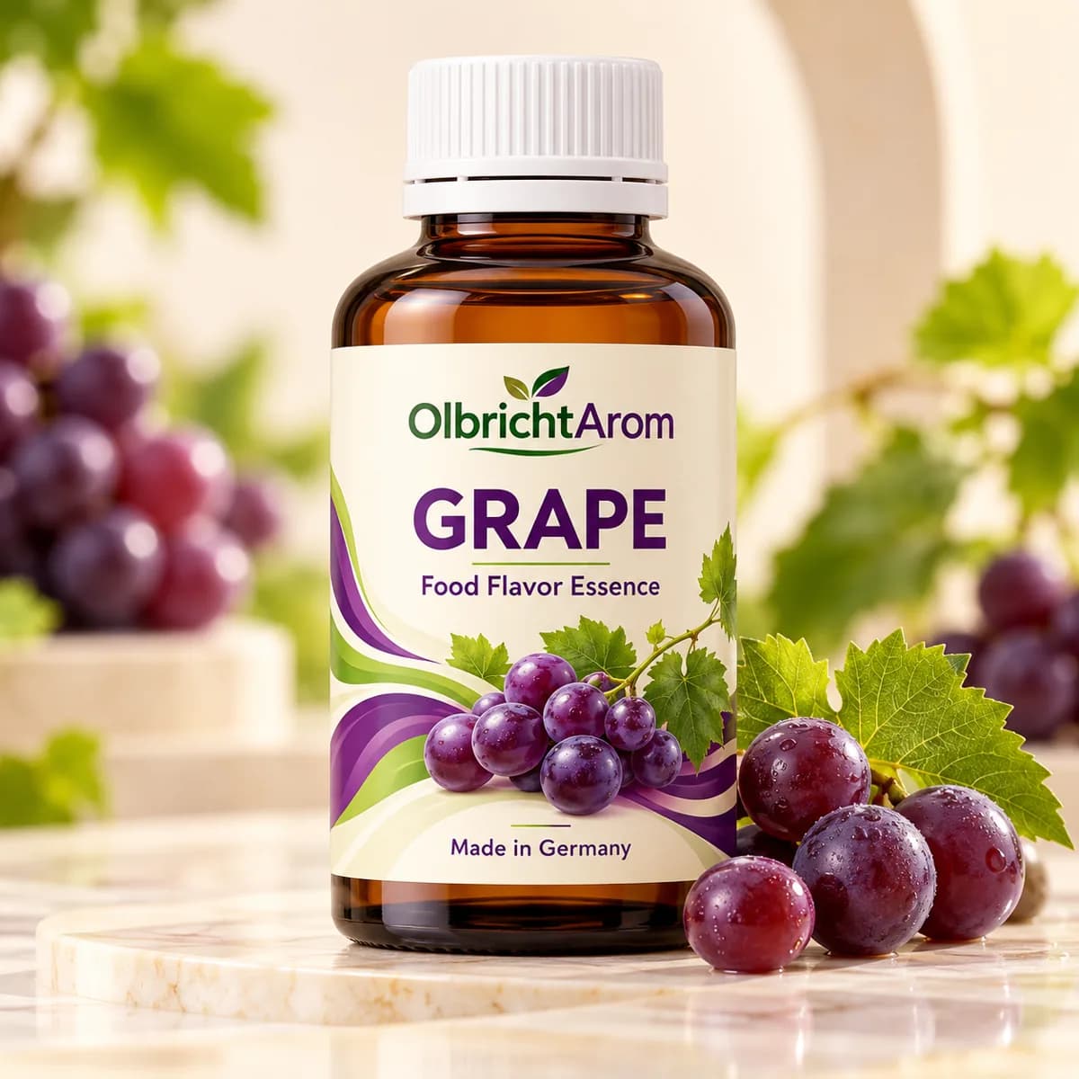 Photorealistic grape food flavor essence bottle with fresh grapes