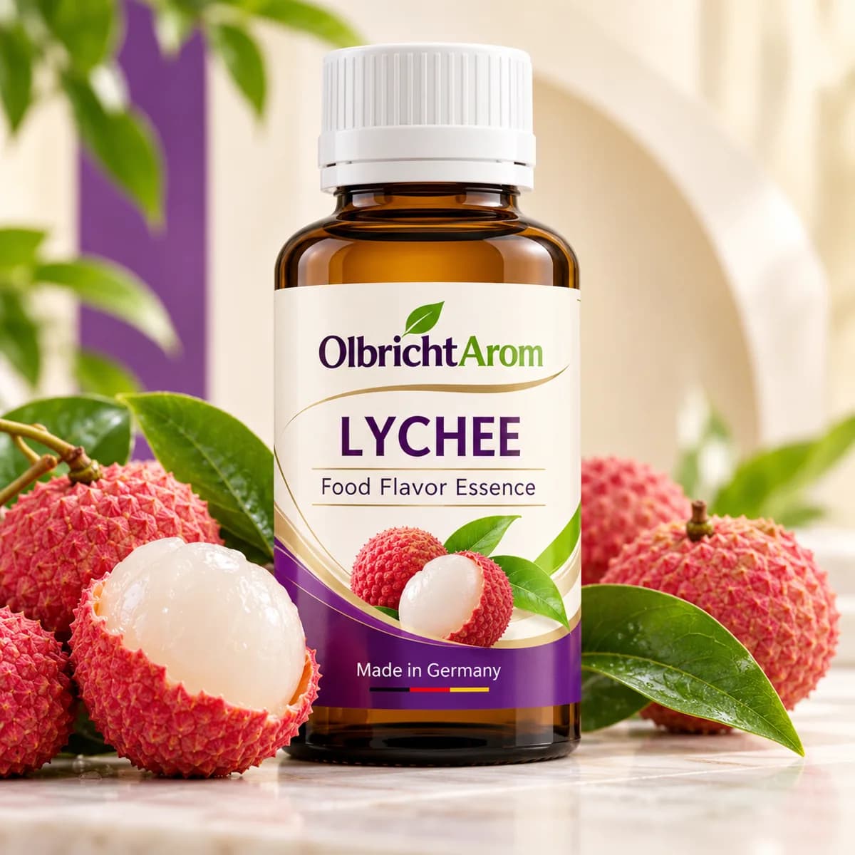 Photorealistic lychee food flavor essence bottle with fresh lychee