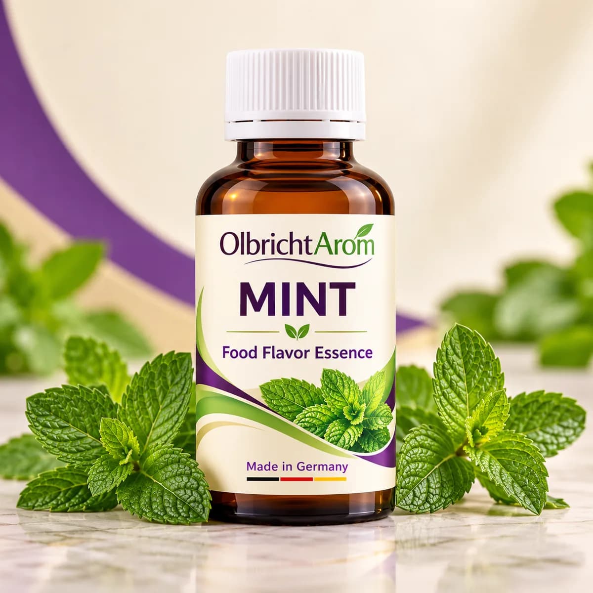 Photorealistic mint food flavor essence bottle with fresh mint leaves