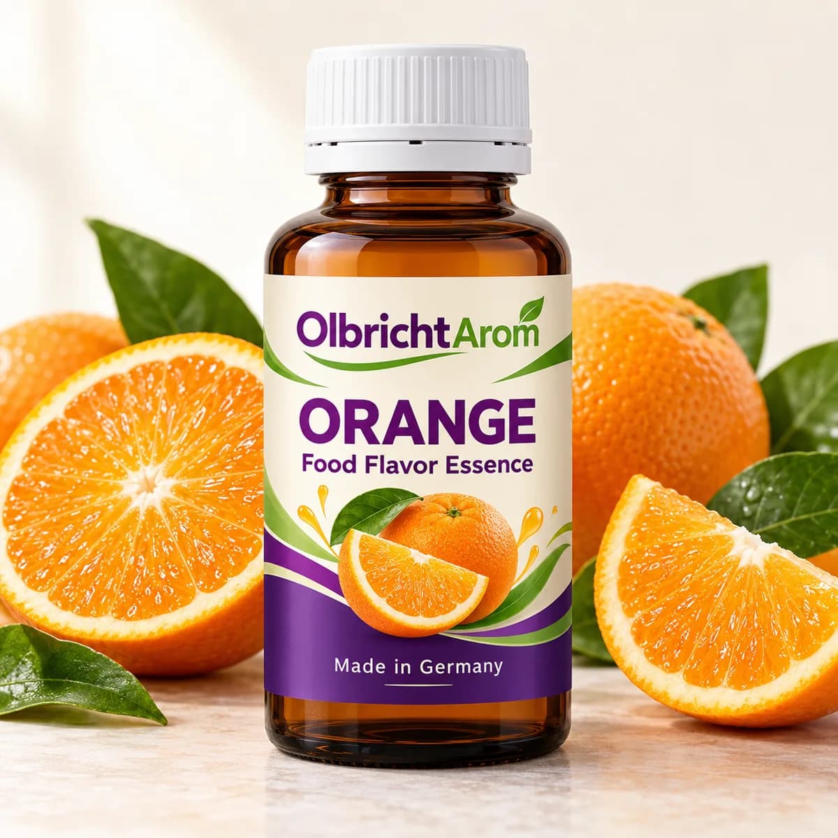 Photorealistic orange food flavor essence bottle with fresh oranges
