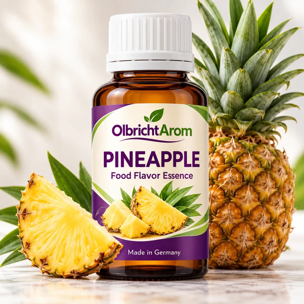Photorealistic pineapple food flavor essence bottle with fresh pineapple