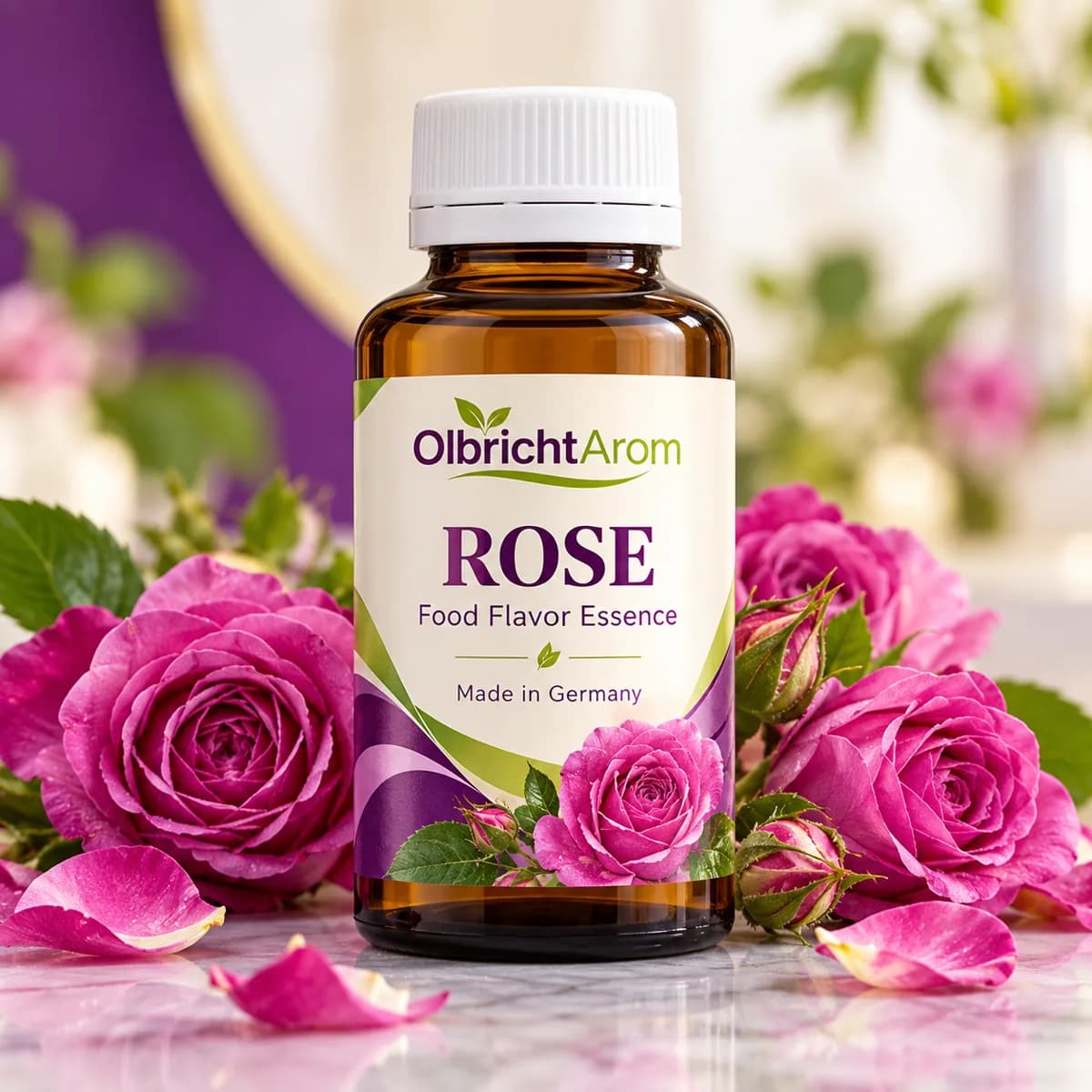 Photorealistic rose food flavor essence bottle with Damask roses