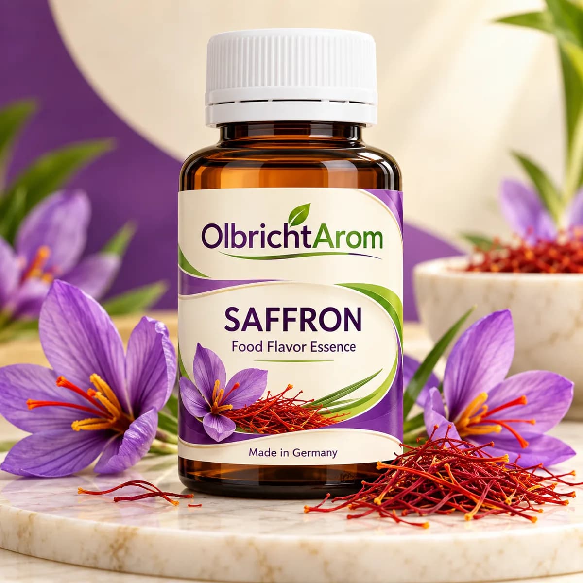 Photorealistic saffron food flavor essence bottle with saffron threads and flowers