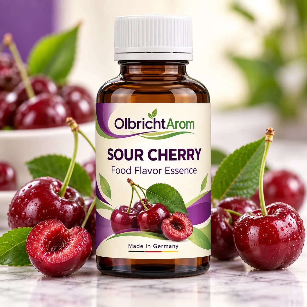 Photorealistic sour cherry food flavor essence bottle with fresh sour cherries