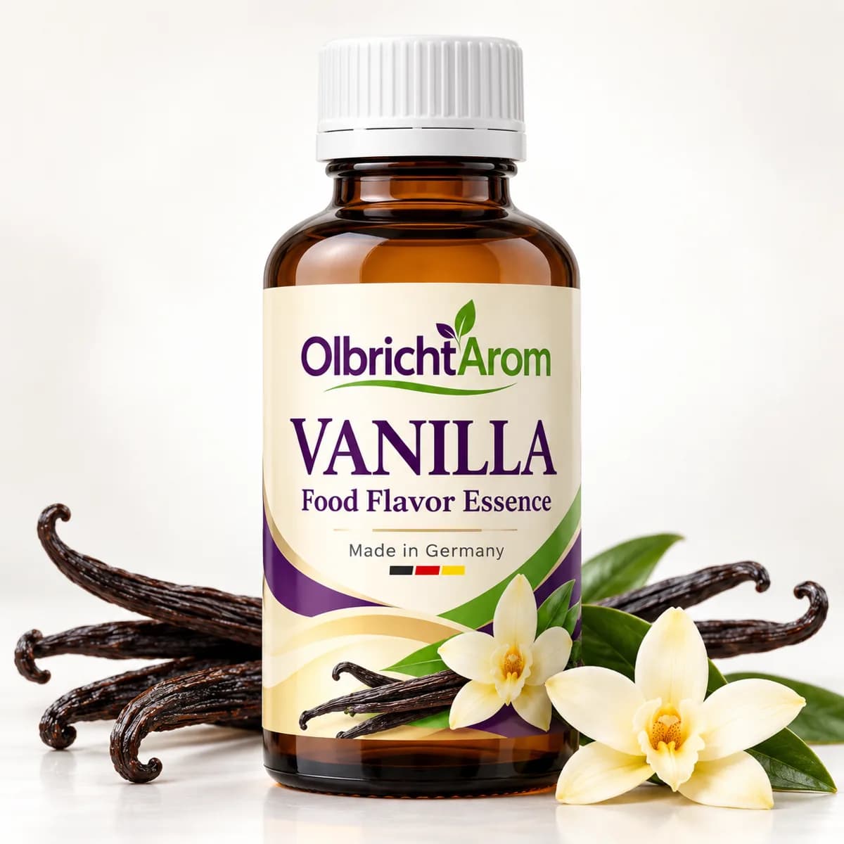 Photorealistic vanilla food flavor essence bottle with vanilla pods and blossoms