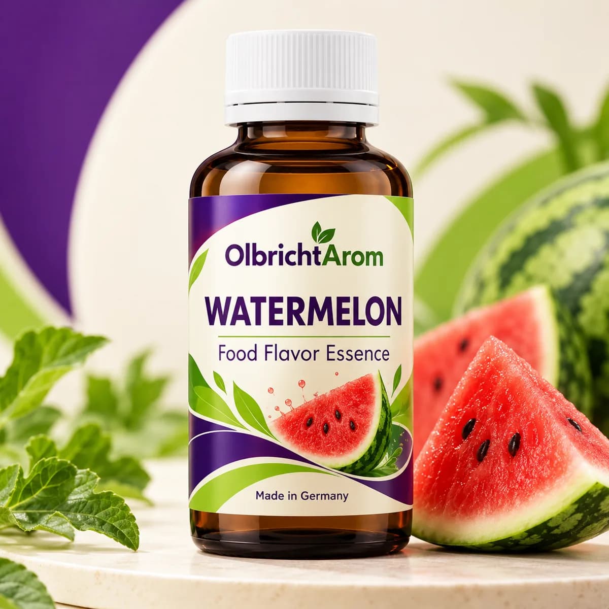 Photorealistic watermelon food flavor essence bottle with fresh watermelon